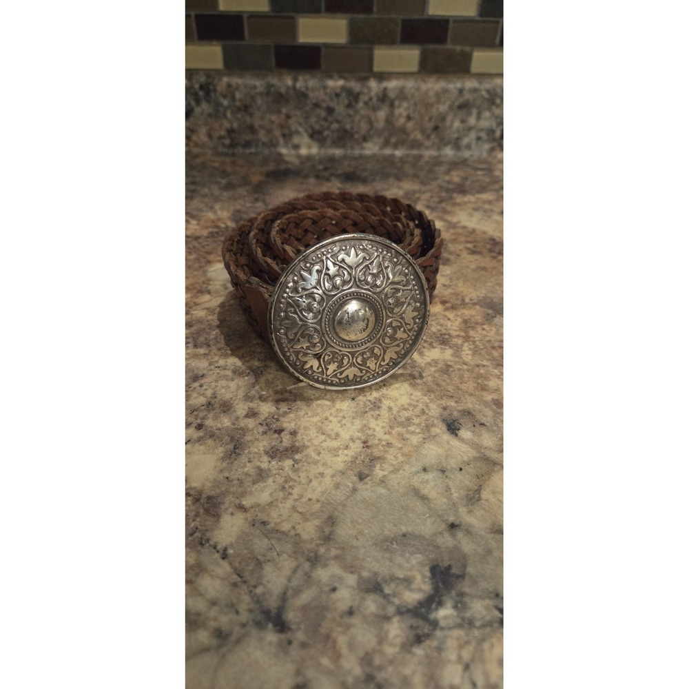 fossil braided leather belt # Bt4438,medium 34 3/8", Silver Round Buckle,...